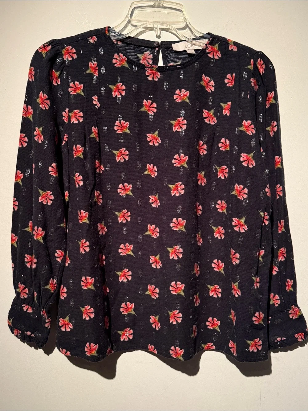 Loft Floral Print Long Puff Sleeve Blouse - Black